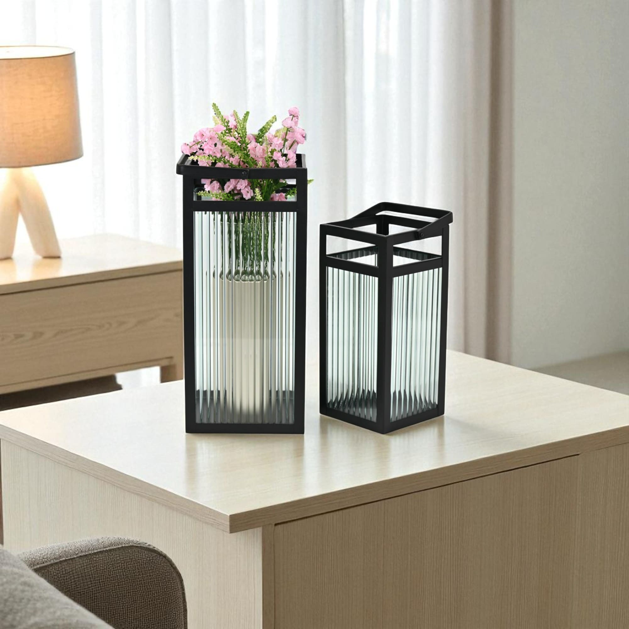 Fluted Glass Rectangular Tabletop Lanterns - 16" - Set of 2