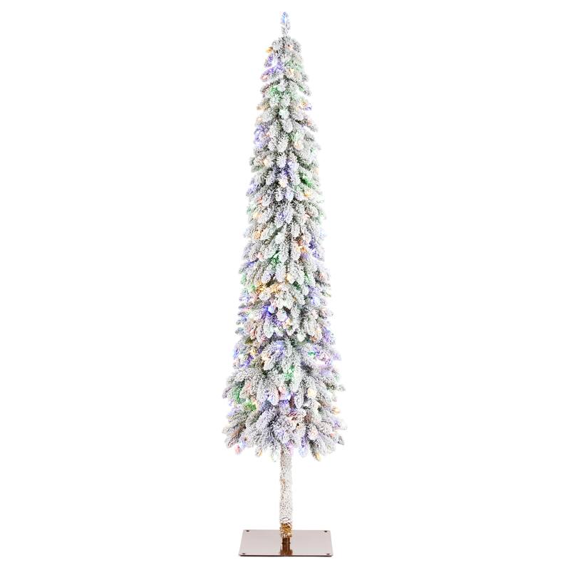 Glitzhome 4.5ft/6ft/7.5ft Pre-Lit Flocked Artificial Snowy Downswept Christmas Tree with Foot Pedal Control LED Lights