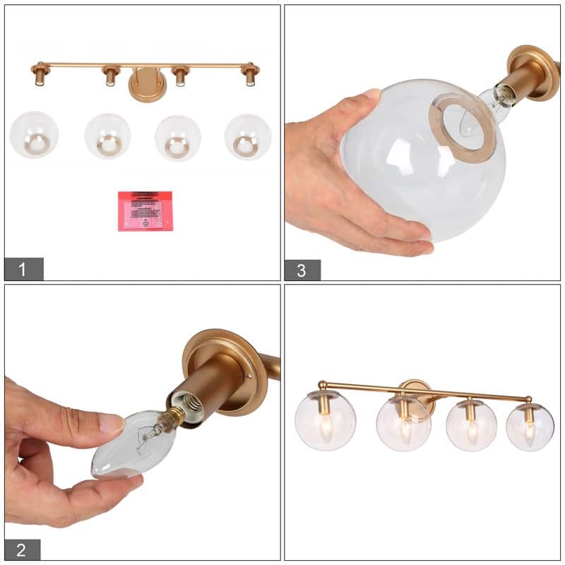 Koini Modern mid-century Gold 4-light Bathroom Vanity Light with Glass Globe Wall Sconce - L 29.5"* W 7"* H 8"