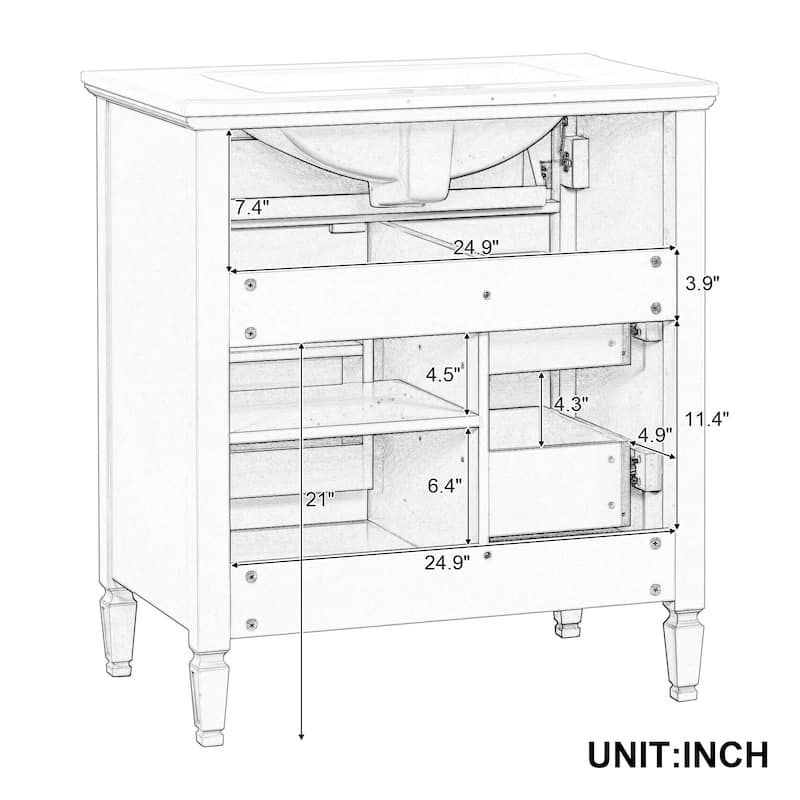 30" Bathroom Vanity with Sink, Bathroom Vanity Cabinet with One Flip Drawer and Two Drawers, Adjustable Shelf