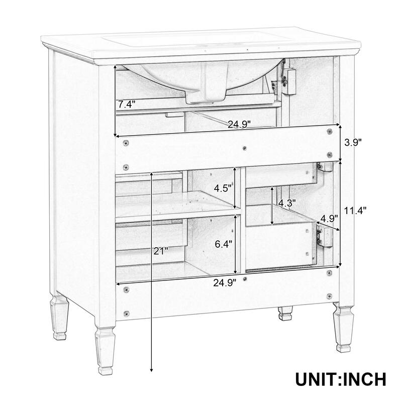 Roomfitters 30" Bathroom Vanity with Ceramic Sink, Solid Wood Frame with Flip Drawer, 2 Side Drawers & Adjustable Shelf