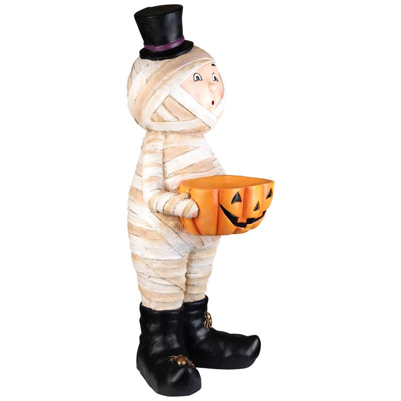 Mummy in Top Hat Holding Jack-O-Lantern Candy Dish Halloween Decoration - 23"