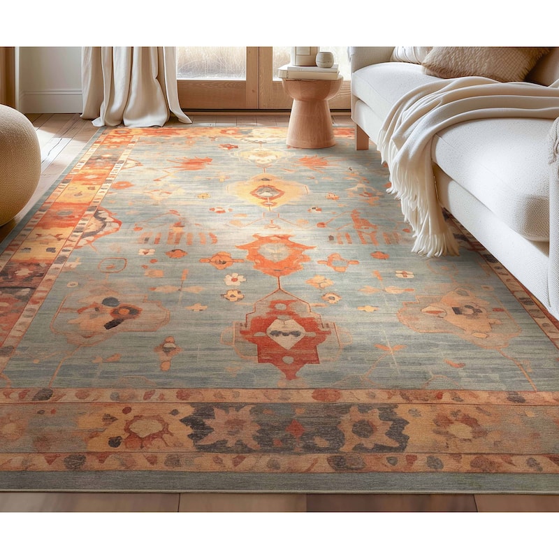 Well Woven Ushak Fethiye Vintage Medallion Pastel Flat-Weave Area Rug - 7'7" x 9'10" - Blue