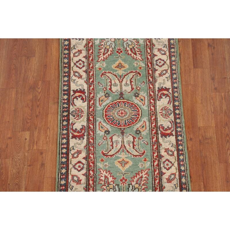 Light Green Kazak Runner Rug Handmade Oriental Wool Carpet - 2'1" x 5'11"