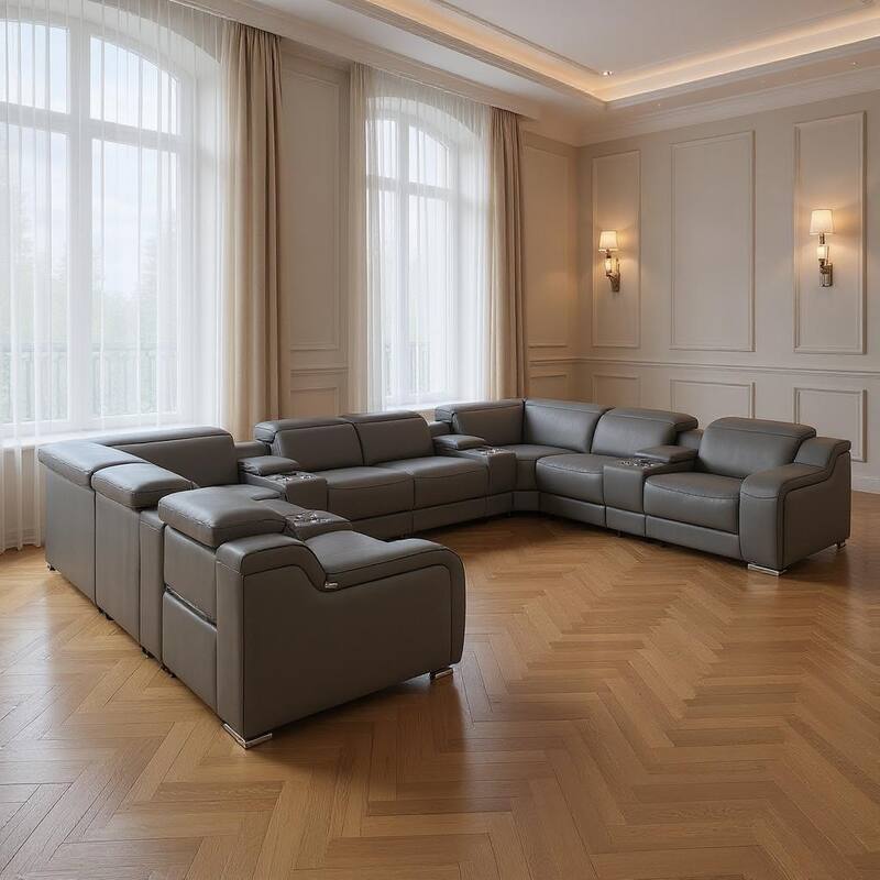 HomeRoots Dark Gray Italian Leather Power Reclining U Shaped Twelve Piece Corner Sectional With Console - Symmetrical - Dark Gray