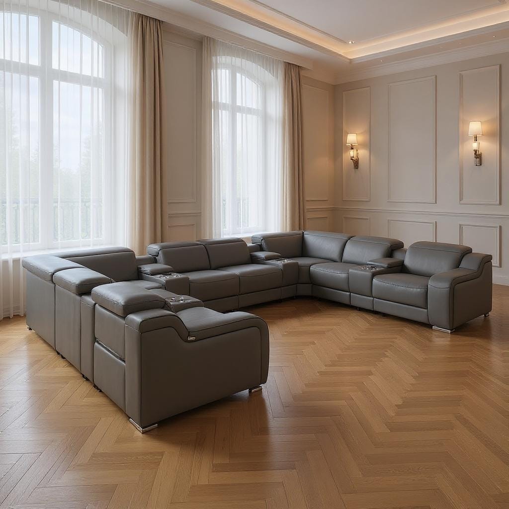 HomeRoots Dark Gray Italian Leather Power Reclining U Shaped Twelve Piece Corner Sectional With Console
