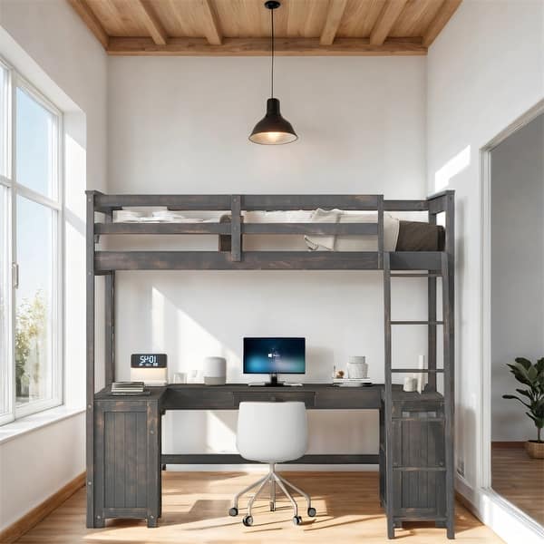slide 2 of 30, Twin Size Wood Loft Bed with Desk, Drawers and Storage Shelves