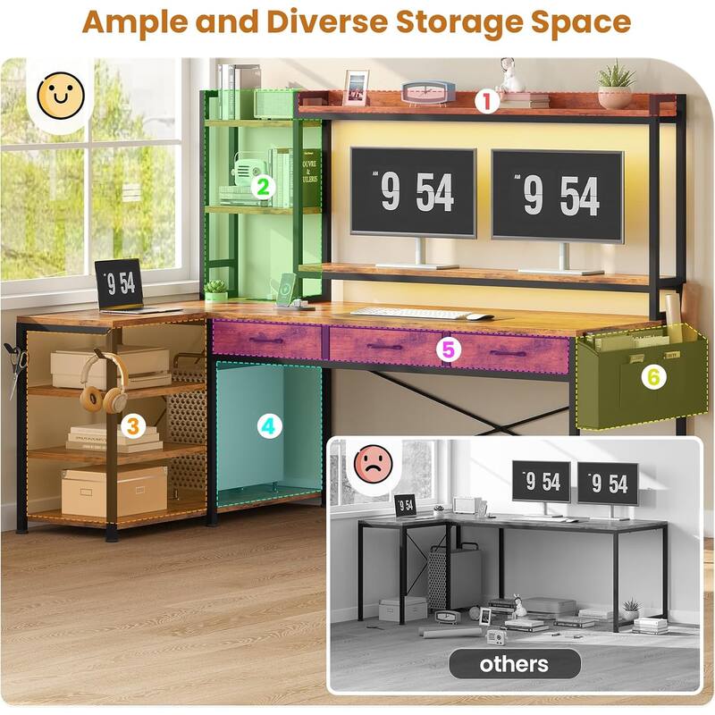 55" L Shaped Gaming Desk Corner Computer Desk Fabric Drawers