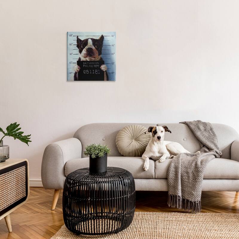 Stupell Funny Boston Terrier Dog Jail Convicted Police Canvas Wall Art - Blue