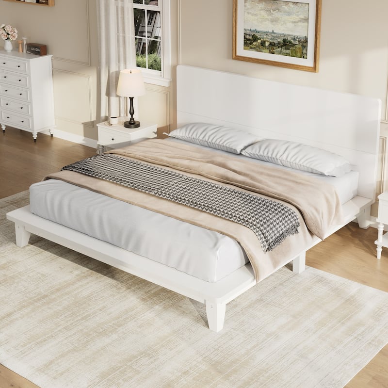 Low-Profile Platform Bed Frame with Headboard, Wood Slat Support, Wingback Panel Bed - White - King