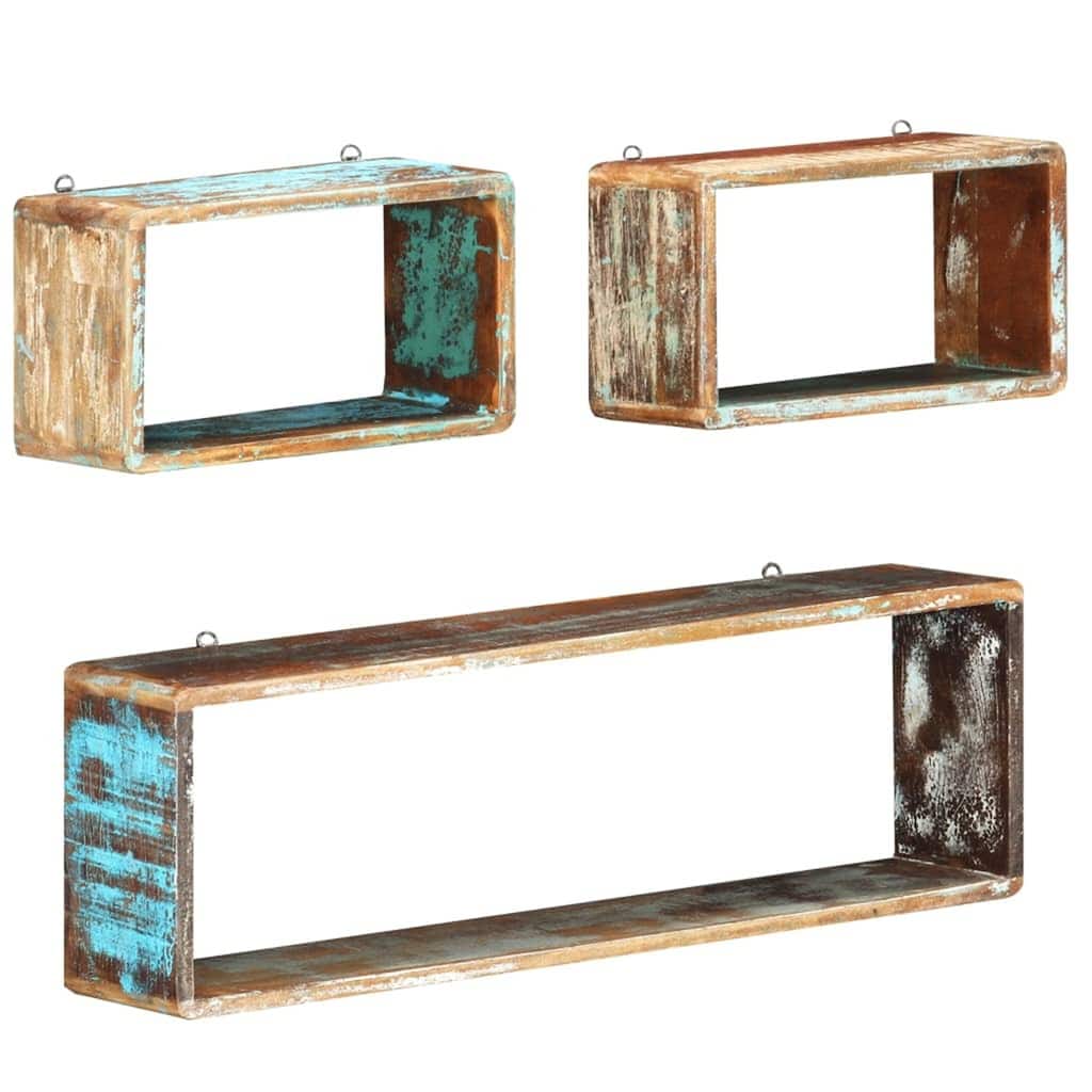 3 Piece Wall Cube Shelf Set, Solid Reclaimed Wood Shelf