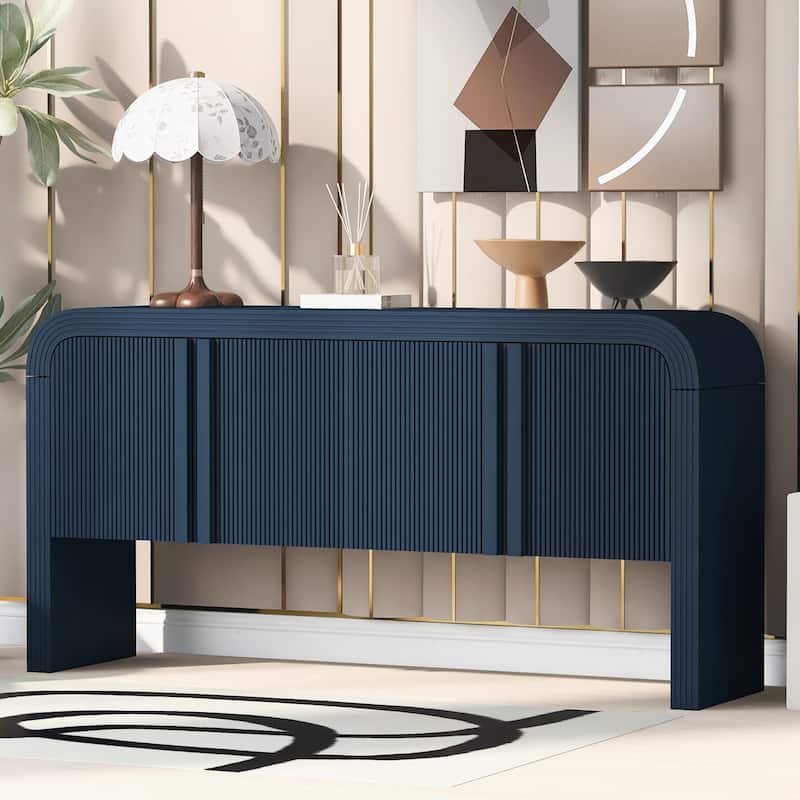 63-Inch Wave-Pattern Console Table with 4 Doors and Adjustable Shelf,Curved design Sofa Table Behind Couch - Blue