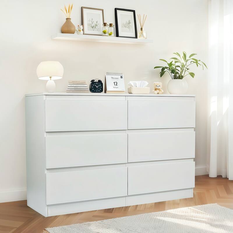 Modern 6-Drawer Dressing Table/Storage Cabinet with Concealed Handles, for Bedrooms, Living Rooms and Entryways, White
