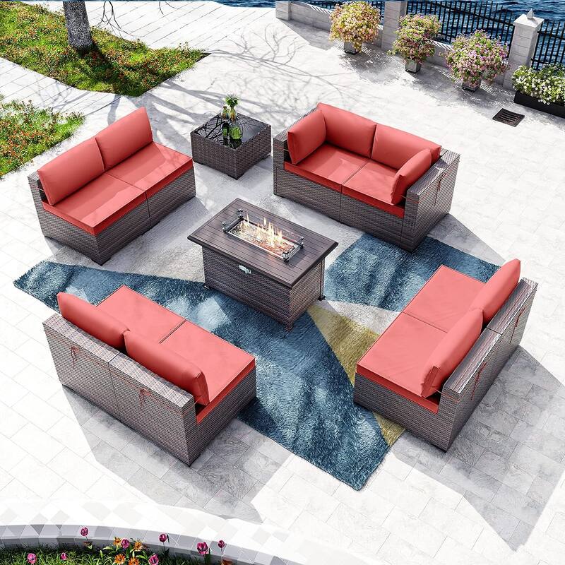 Kullavik 10 Pieces Outdoor Patio Furniture Set with Fire Pit Table - Red