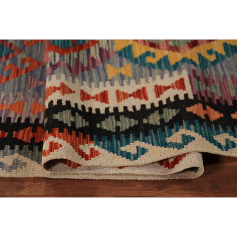 All-Over Geometric Kilim Oriental Area Rug Flatweave Wool Carpet - 8'10"x 11'2"