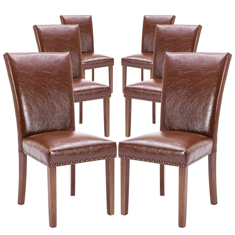 Upholstered Parsons Dining Chairs Set of 2/4/6, Fabric Dining Room Kitchen Side Chair with Nailhead Trim and Wood Legs - Set of 6 - L-LightBrown