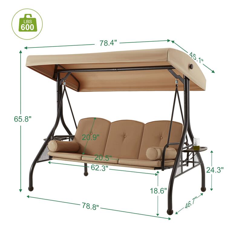 3-Seat Outdoor Porch Swing with Adjustable Canopy & Stand, Convertible Bed, All-Weather, Thickened Cushions & Cup Holders