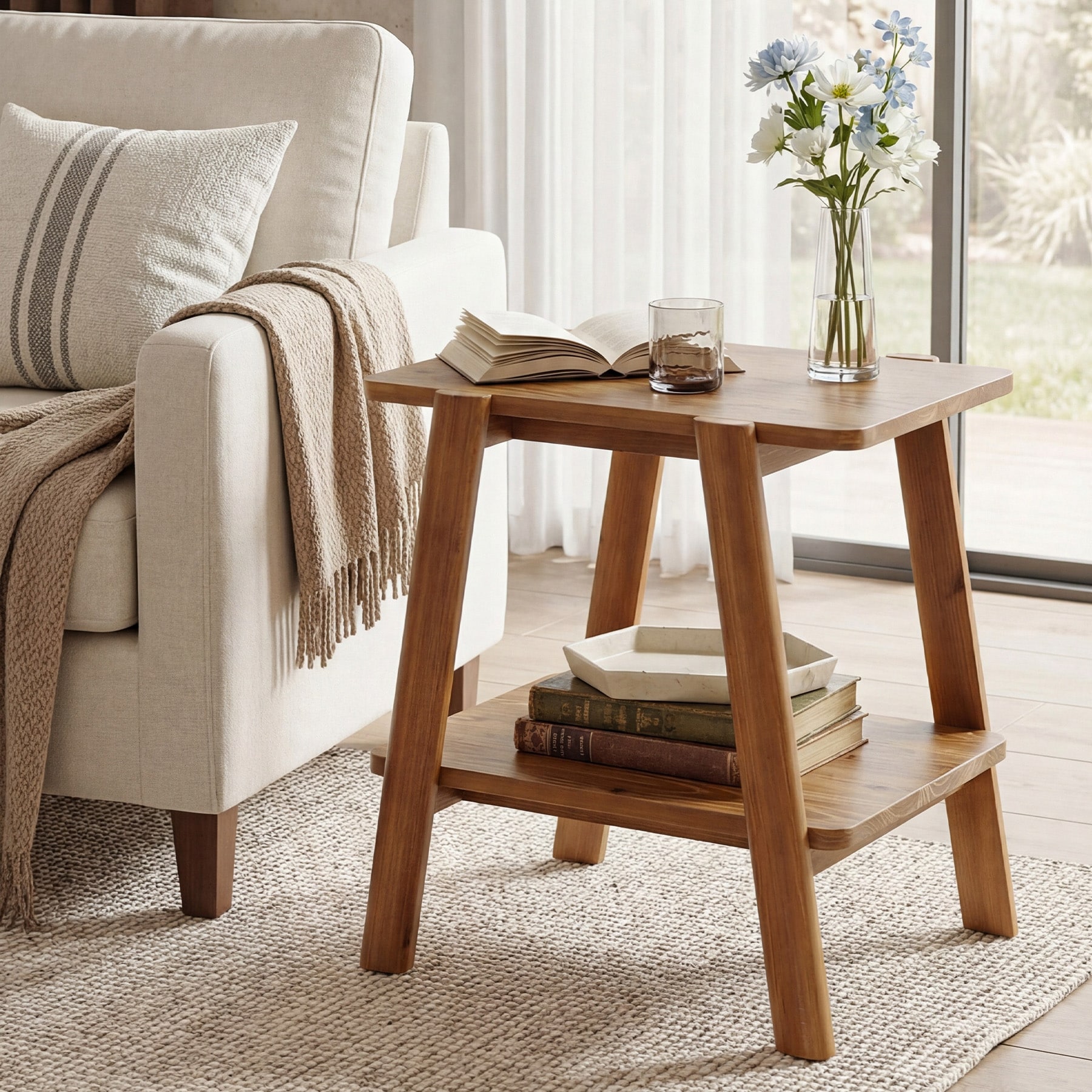Solid Wood End Tables for Living Room, Farmhouse 2-tier Side Table