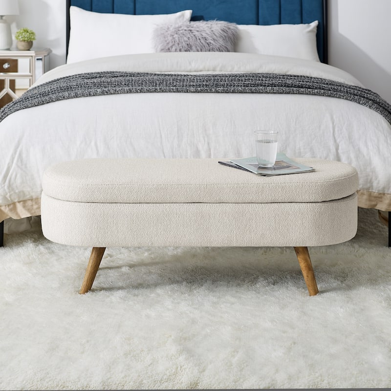 GDFStudio - Emma Linen Pleated Storage Ottoman Bench with Durable Rubberwood Legs