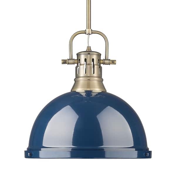 slide 2 of 2, Yep by Golden Lighting Duncan 1-light 14in Rod Hung Pendant in Aged Brass and Navy Blue shade