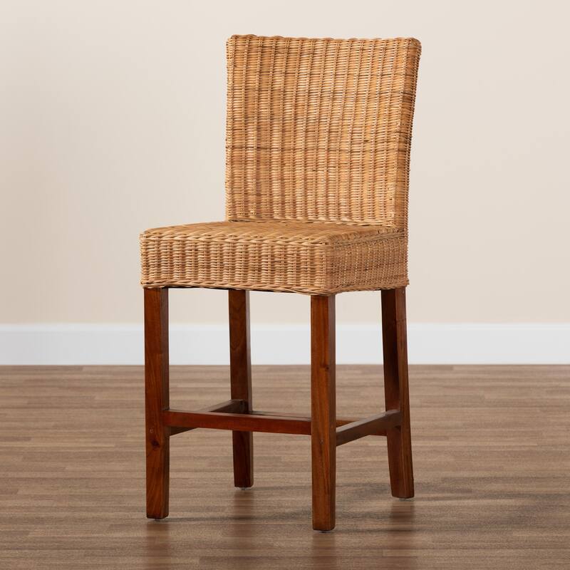 Racquel Modern Bohemian Natural Rattan and Mahogany Wood Counter Stool