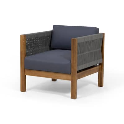 Club Lounge Chair, Woven Rattan Rope, Brown Acacia Wood, Gray Fabric