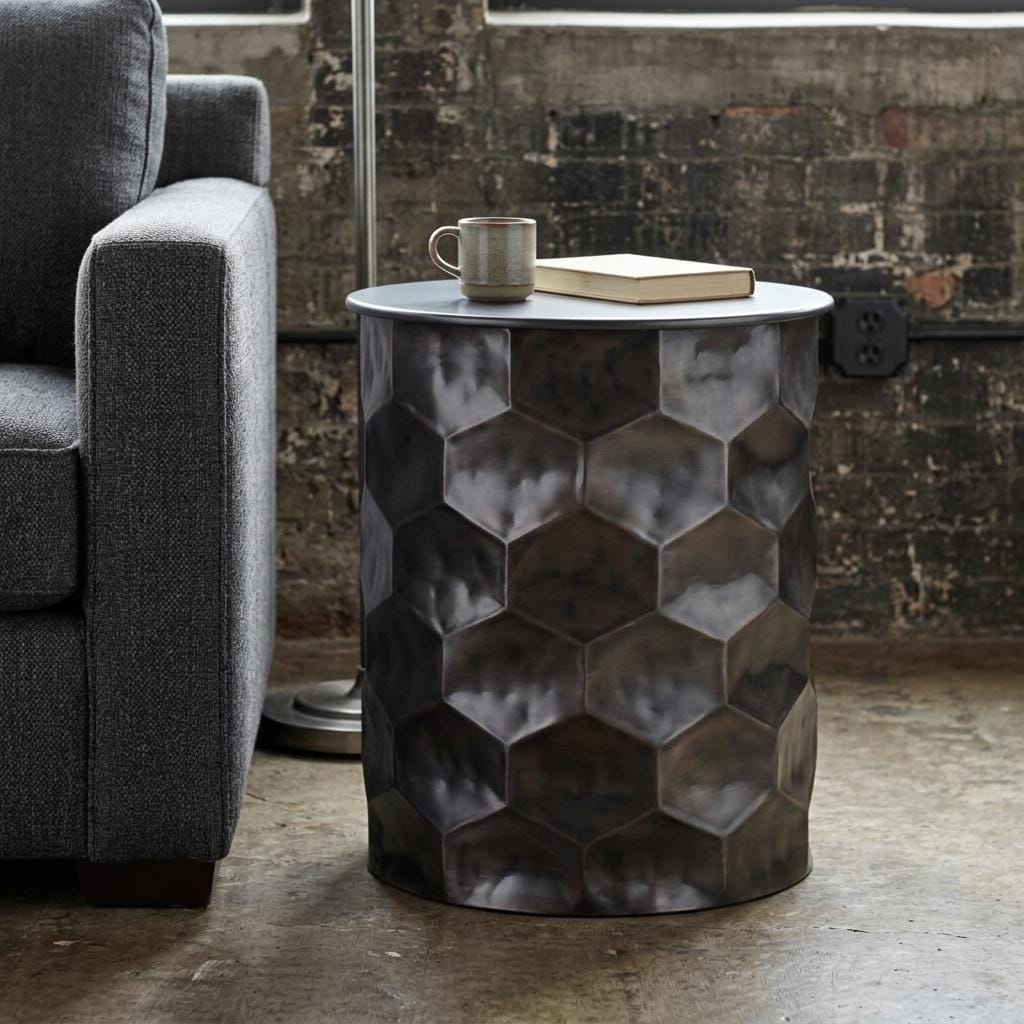 HomeRoots Silver Distressed Iron Round Drum End Table - 17.20 in. x 19.50 in. x 17.20 in.