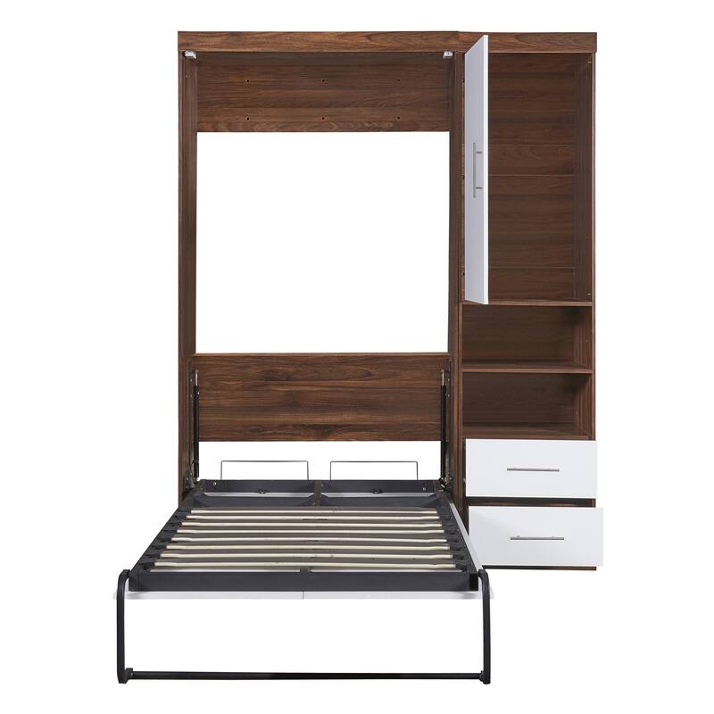 Solid Wood Murphy Bed Frame, Storage Wall Bed with Shelves and Drawers, Hydraulic Fold Murphy Bed Cabinet, No Box Spring Needed