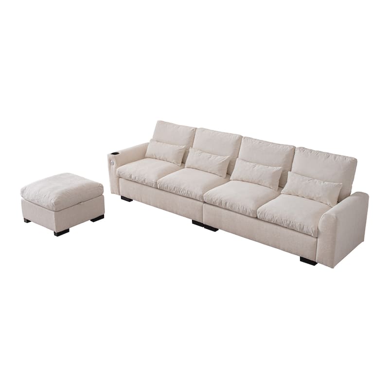 114.5" Modern Modular L Shaped Chenille Sofa with Reversible Ottoman, Storage, USB Ports & Cup Holder, Beige