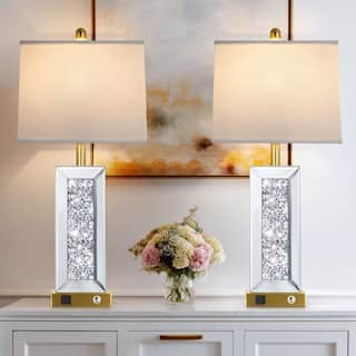28'' Bedside Modern Crystal-Embellished Table Lamp with USB and Type-C Ports Touch Control 9W LED Bulb(Set of 2)