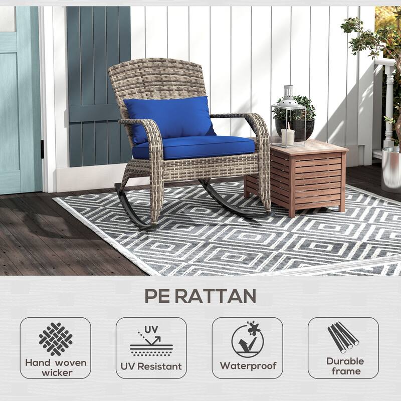 Outdoor Wicker Adirondack Rocking Chair with High Back, Seat Cushion