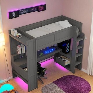 Gaming Loft Bed with Multifunctional Design and LED, Twin/Full Size