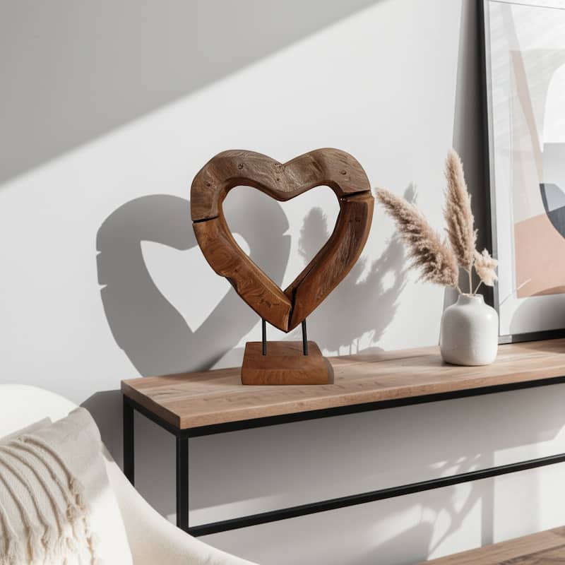 Teak Wood Heart Sculpture Natural Texture Rectangular Base - 15" Brown - 11.25" x 4" x 14.5" - Brown - 11.25" x 4" x 14.5"