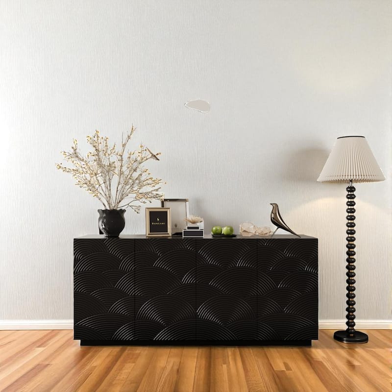 Modern 59" Sideboard Buffet Cabinet with 4 Doors, Water Ripple Design, Soft Close Storage Cabinet for Dining Room or Kitchen - Black