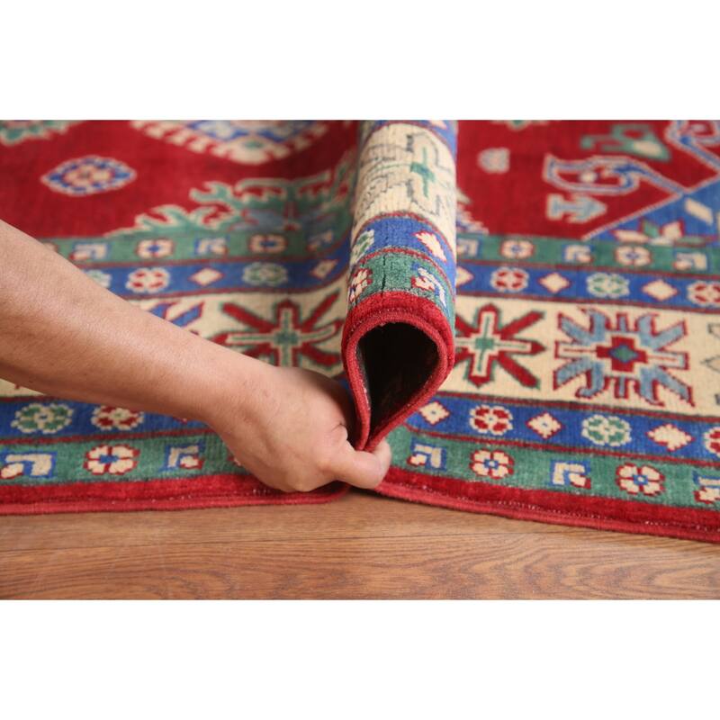 Hand Knotted Oriental 100% Wool Carpet Traditional Geometric Red Kazak Area Rug - 9' 7'' X 6' 7''