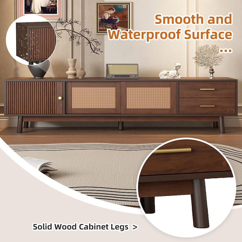 Roomfitters Mid Century Modern TV Stand for 80 Inch TV, Entertainment Center with Sliding Doors and Drawers, Walnut