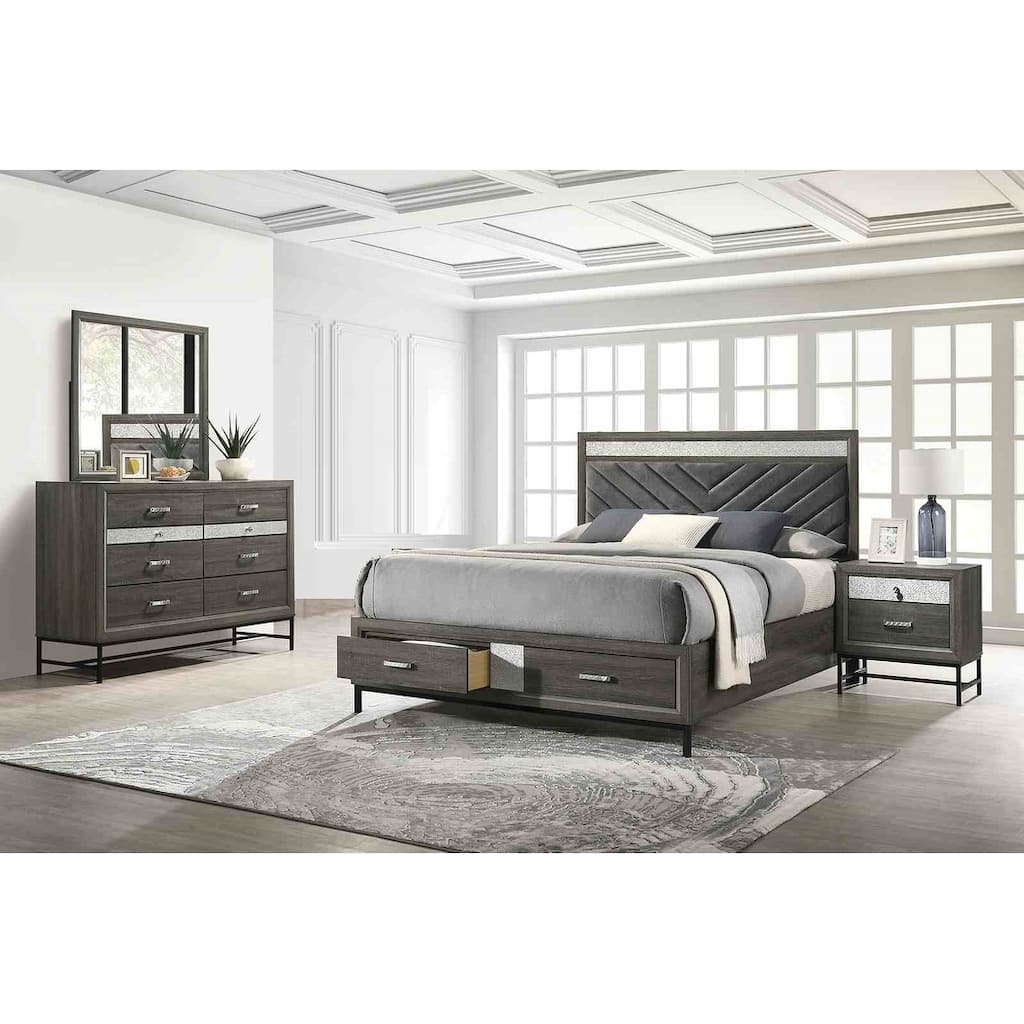 Modern Gray Upholstered 4Pc Bedroom Furniture Set with Storage Metal Leg