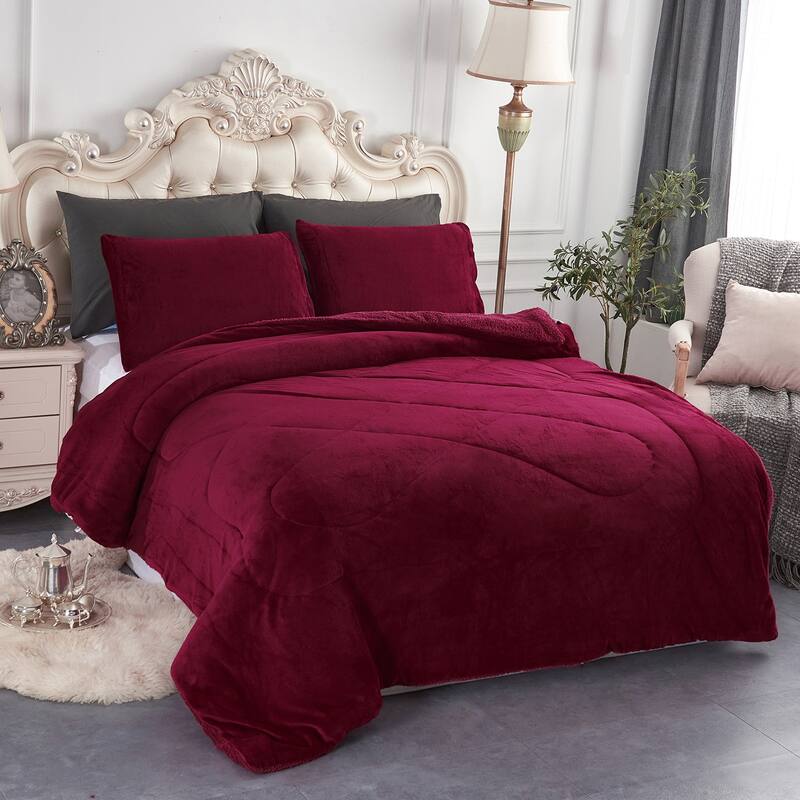 Fleece/ Sherpa Down Alternative 3-piece Comforter Set - Burgundy - Queen