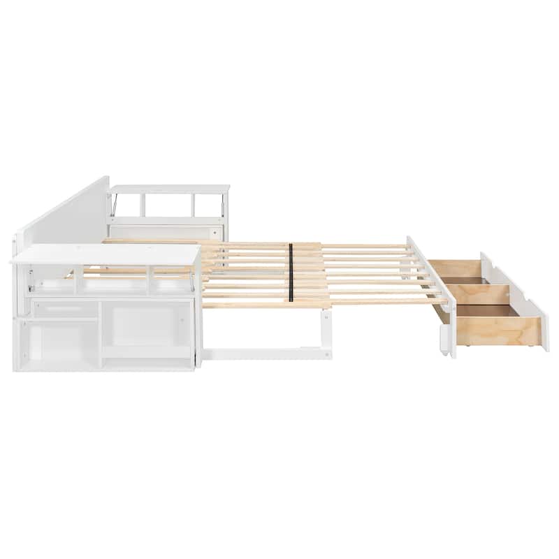 Queen Size 4-in-1 Daybed with Storage Drawers Desk Hydraulic Armrests