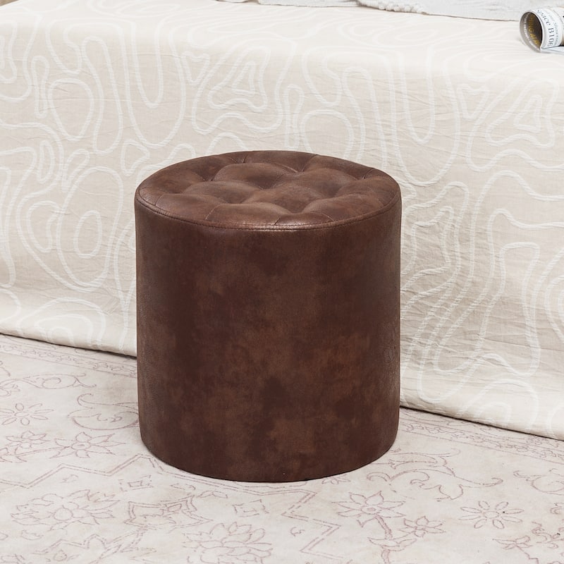 Adeco Round Ottoman Upholstered Tufted Faux Leather Footrest