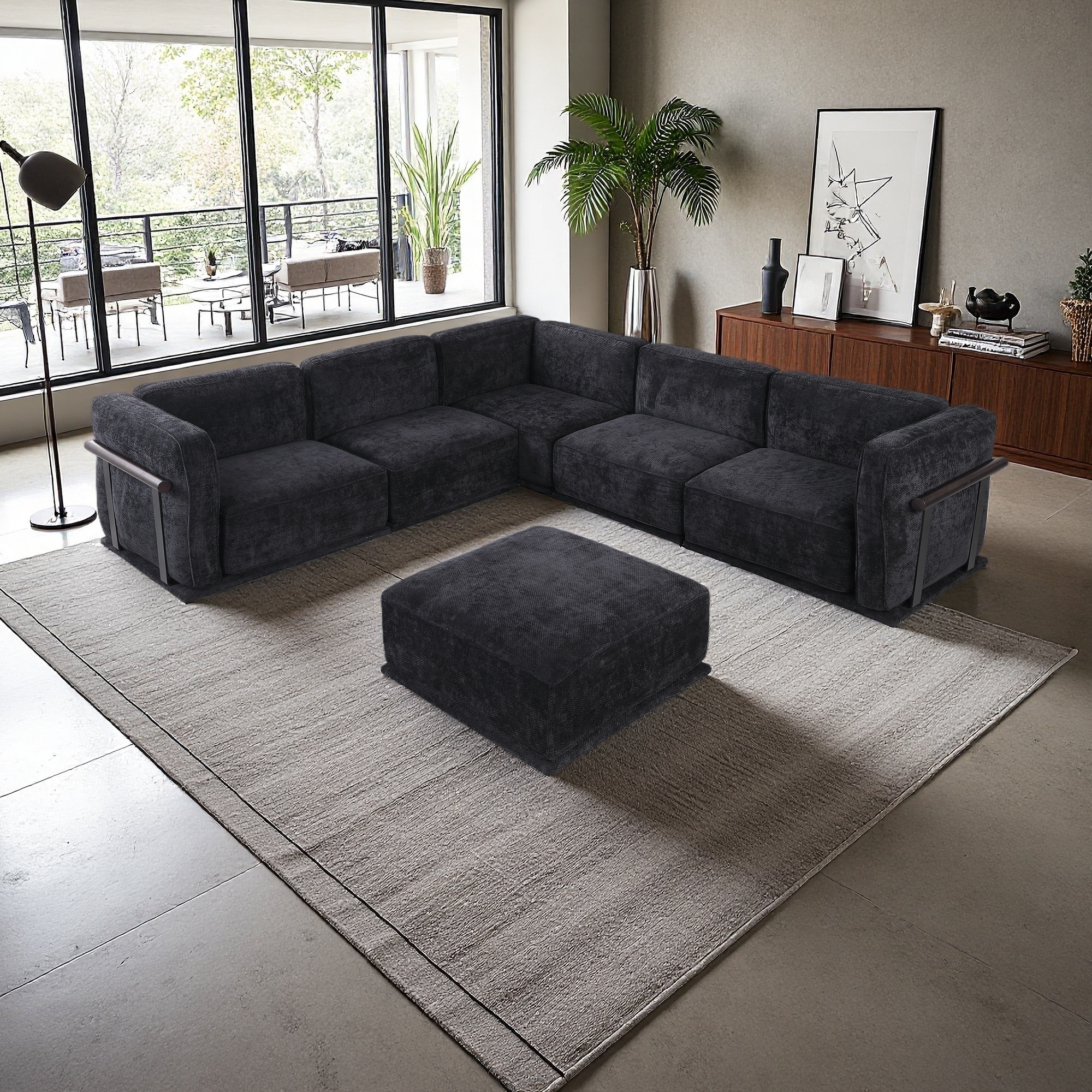 120'' Chenille Modular Sectional Sofa with Iron/Wood Frame and Ottoman (6-Seater)