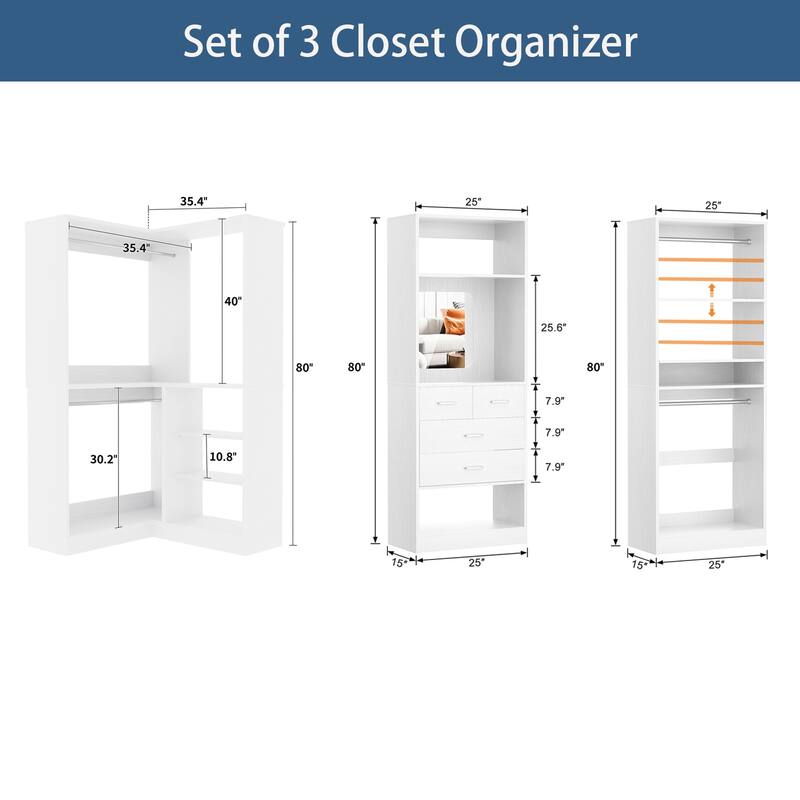 Cimly Set of 3 Corner Closet System with Hanging Rods, Space-saving Closet Organizer with Mirror