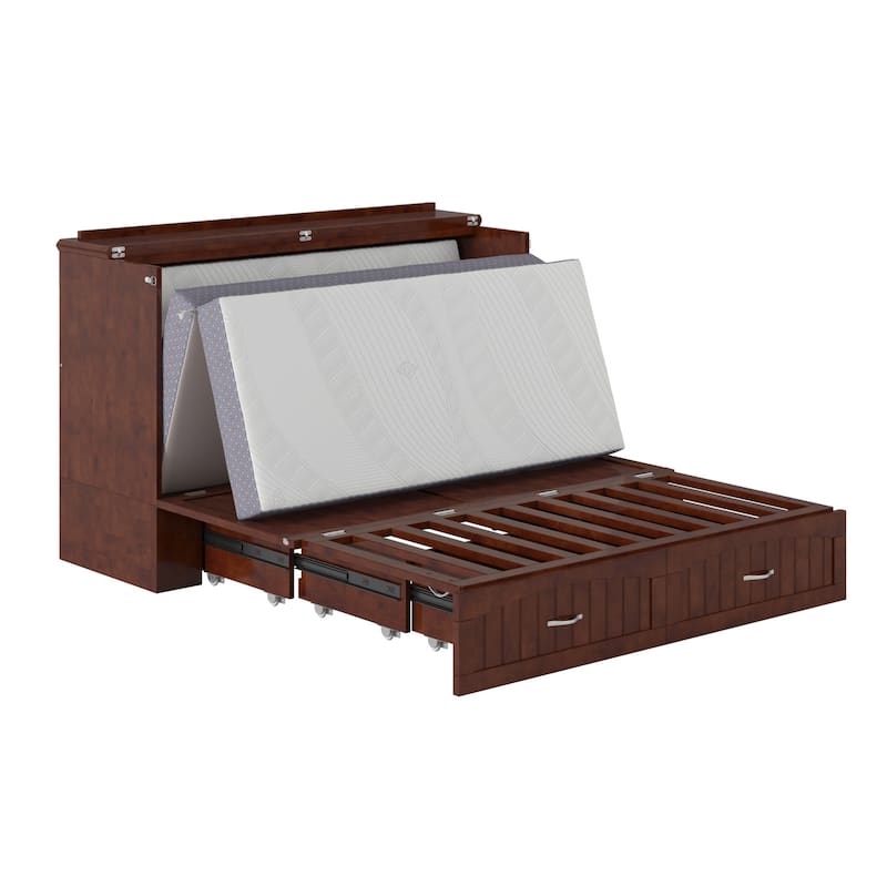Solid Wood Murphy Bed Chest with Mattress & USB Charger - Walnut Finish, Space Saving Furniture