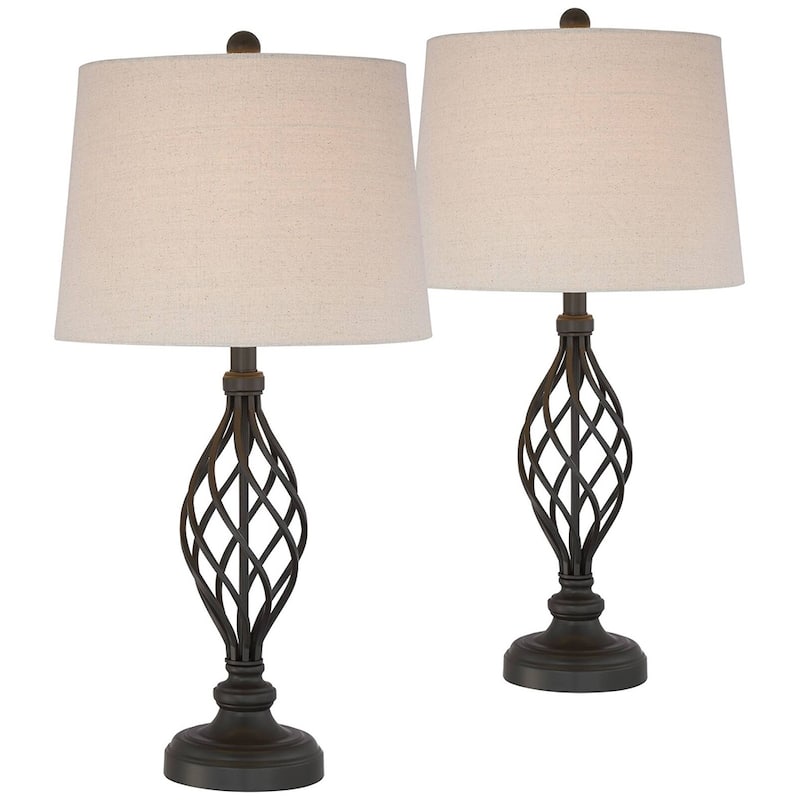 Industrial Table Lamps 28" Tall Set of 2 Iron Bronze Cream Drum Shade - 13" x 28"