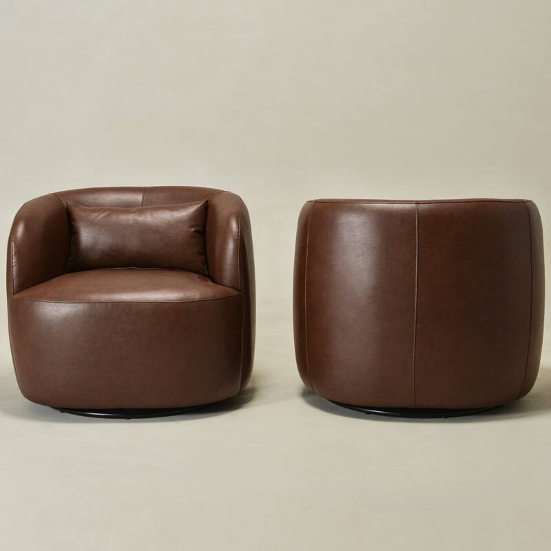 KINWELL 34" Wide Swivel Faux Leather Barrel Armchair Upholstered PU Leather Accent Chairs for Living Room Office Lounge