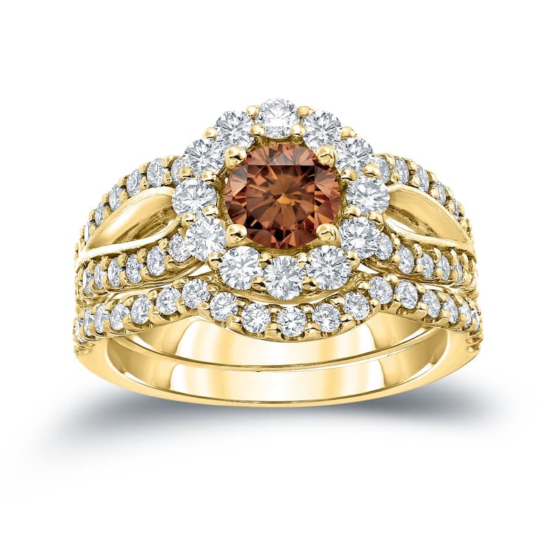 Auriya 2 1/3ctw Halo Brown Diamond Engagement Ring Set 14k Gold - Yellow - 4
