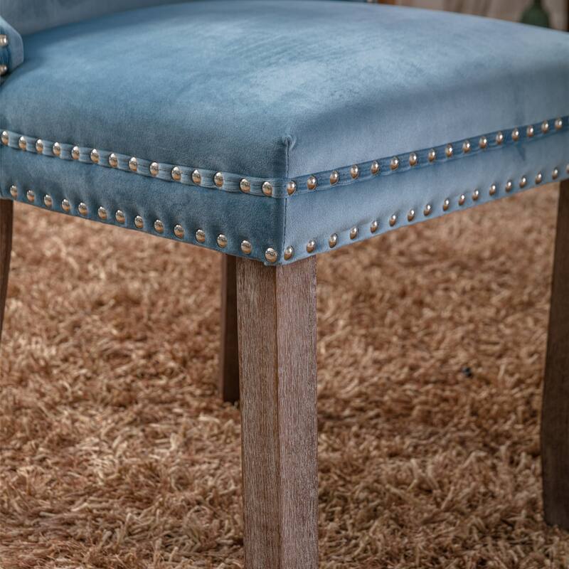 Velvet Upholstered Dining Chair Set of 2, Wing-Back Kitchen Chairs with Backstitching Nailhead Trim and Solid Wood Legs
