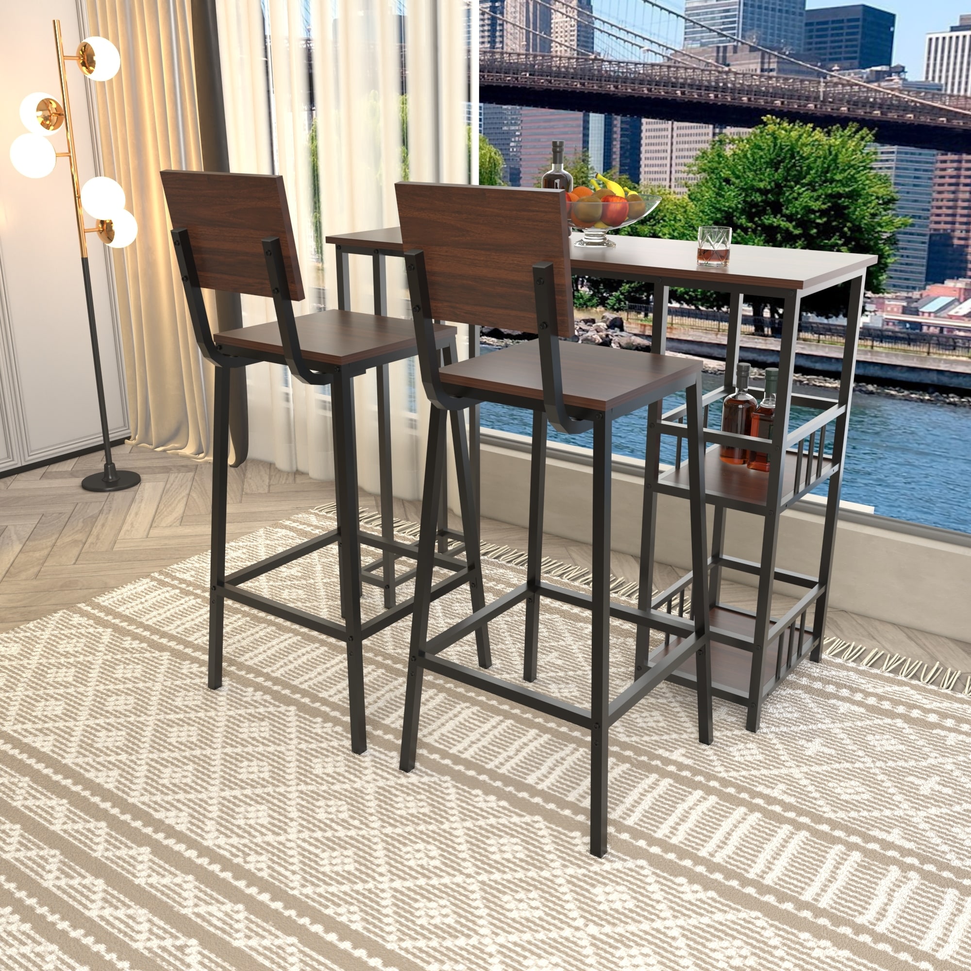 3 Piece Counter Height Bar Table Set with 2 Backrest Bar Stools, Rectangular Pub High Table with 2-Tier Side Storage Shelves