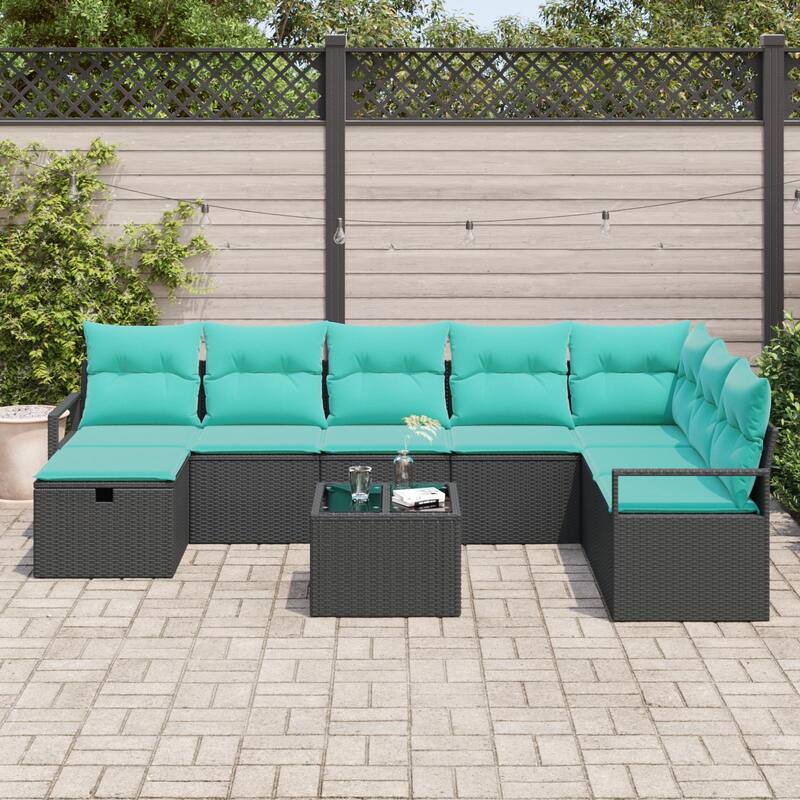 vidaXL 8/9 Piece Garden Sofa Set with Cushions Black Poly Rattan - 113×69.7×27.2