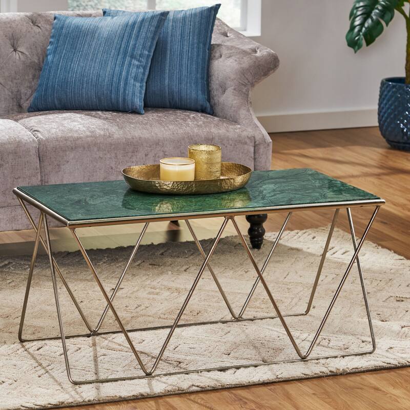 Sardis Modern Glam Handcrafted Marble Top Coffee Table by Christopher Knight Home - 37.00" L x 19.00" W x 18.00" H - Green+Nickel
